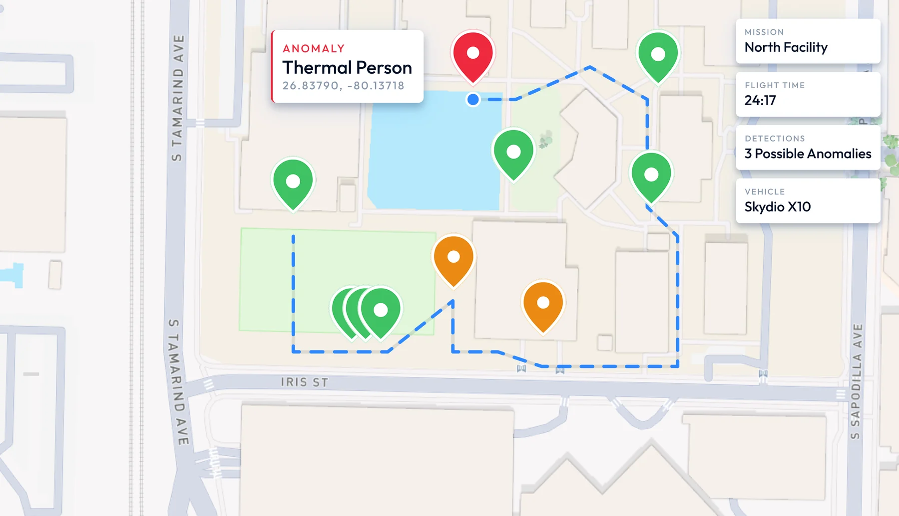 Mission map with every detection pinned to its coordinate