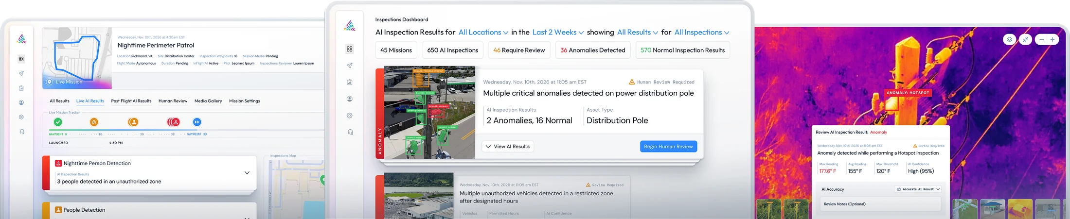 The InFlightAI platform: mission review, the inspections dashboard and a thermal anomaly result